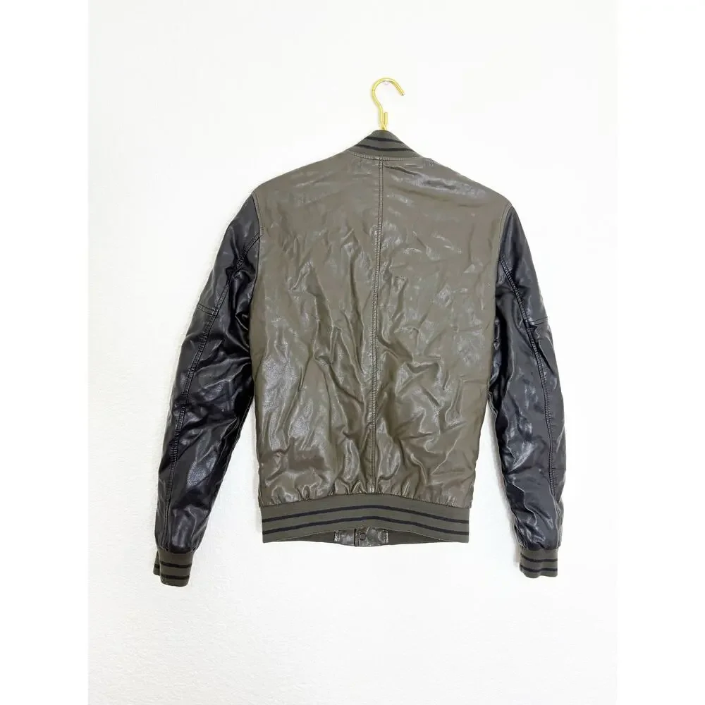 Zara Mens Vegan Leather Bomber Jacket Size Small Black Olive Green Quiet Luxury